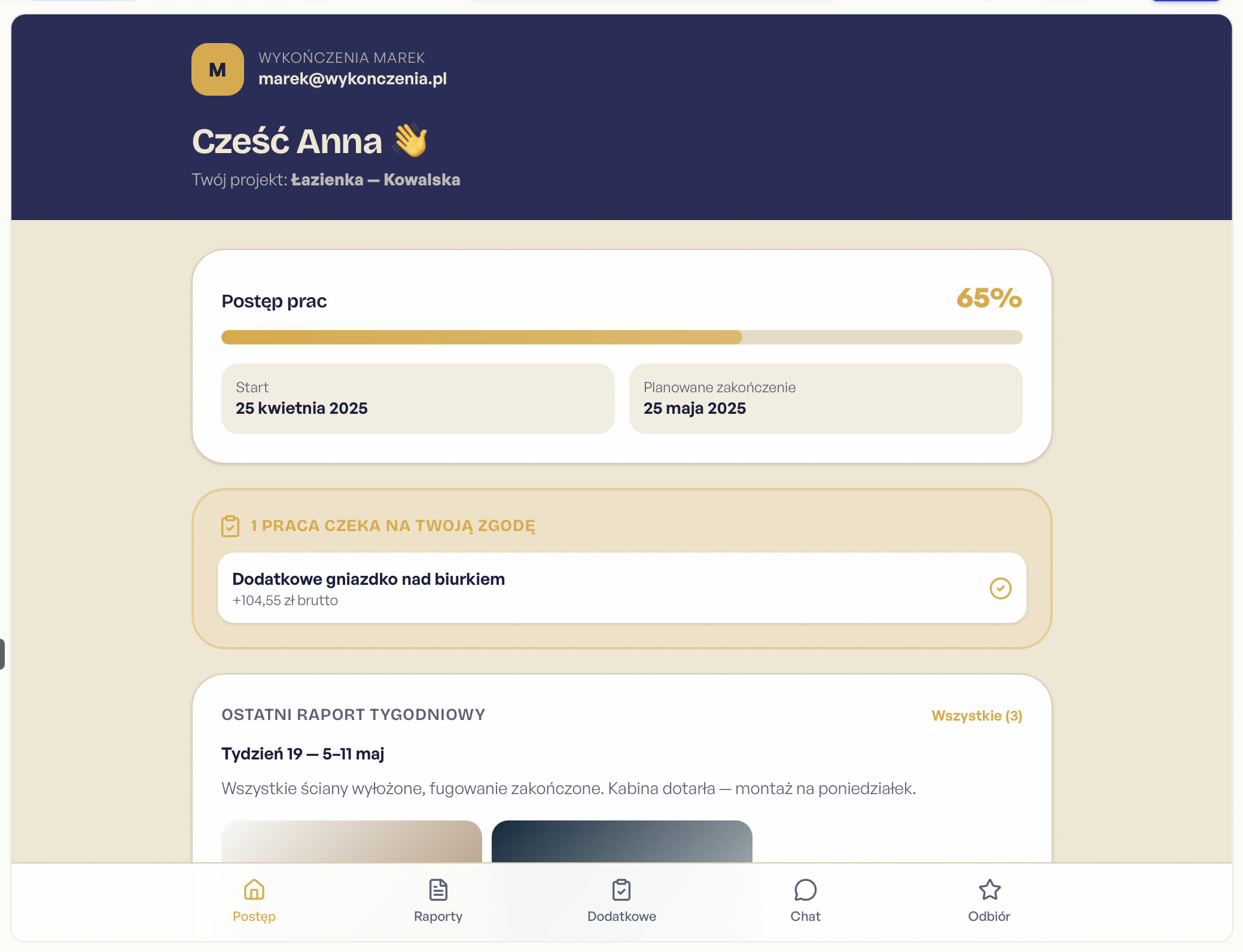 Strefa klienta Majsta — postęp prac 65%, raporty, dodatkowe do akceptu
